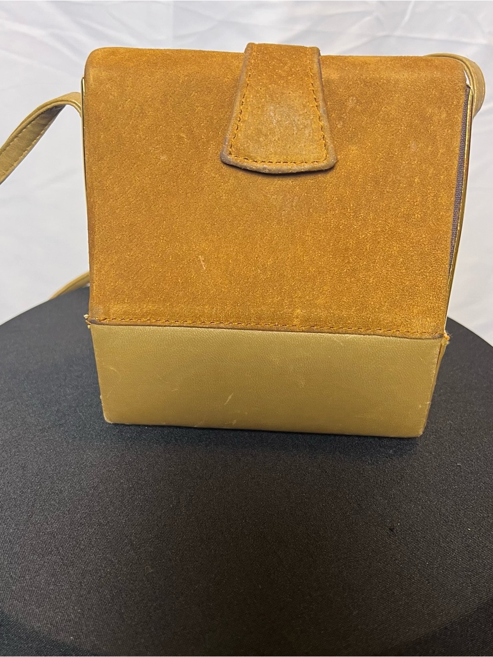 Vintage Casual Corner Two-Tone Suede Box Purse Crossbody MCM Tan Gold